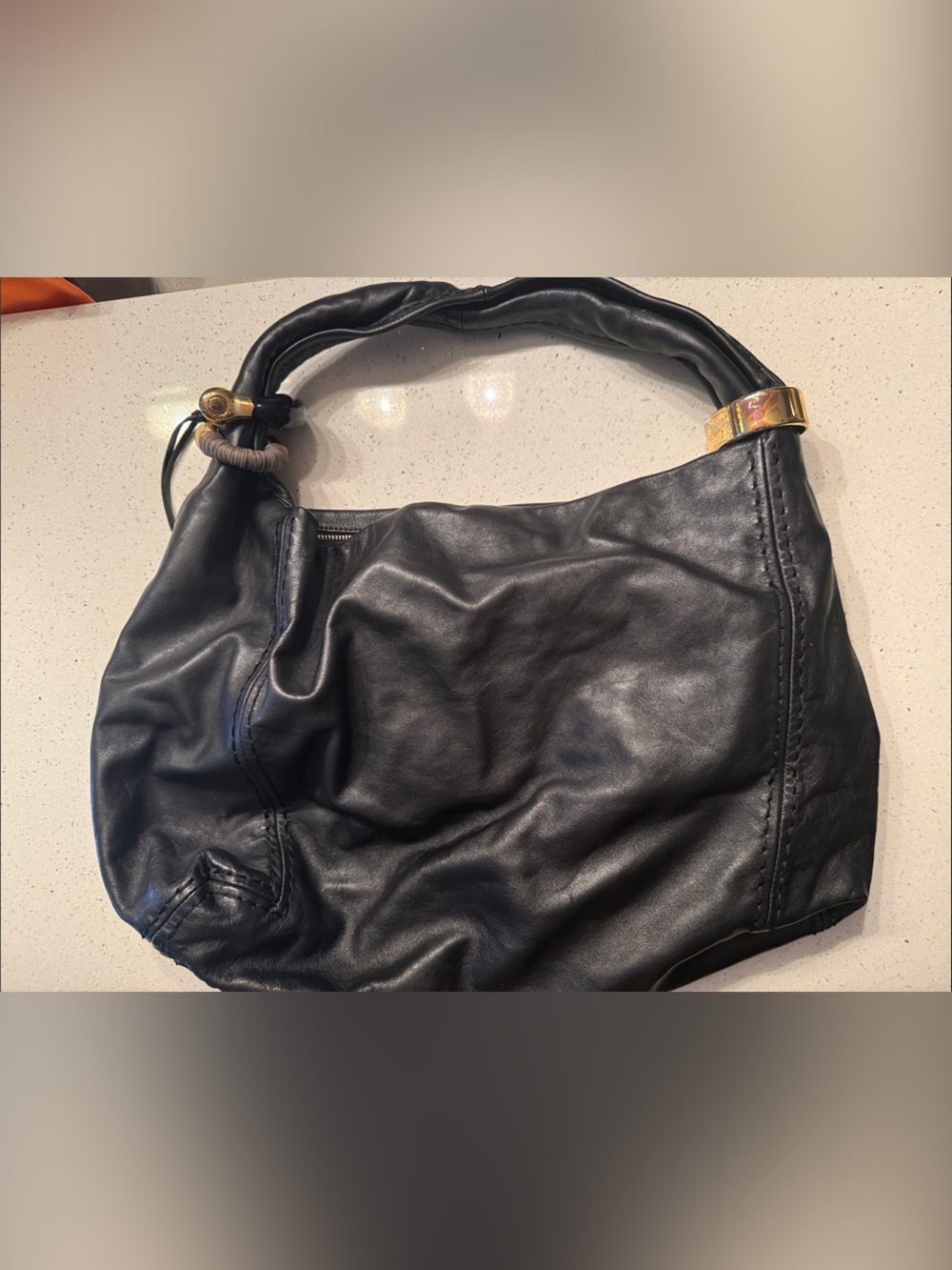 Jimmy Choo Black Leather Hobo Shoulder Bag with Gold-Tone Ring